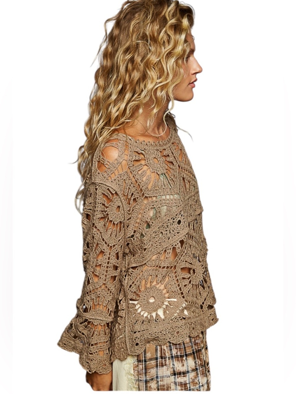 POL Tan Crochet Knit Round Neck 3/4 Bell Sleeve Top - Picture 2 of 7